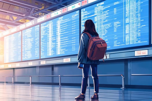 A woman with a backpack looks at the plane schedule at the airport. High quality photo