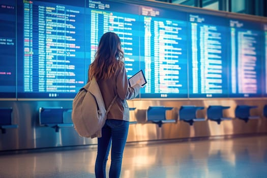 A woman with a backpack looks at the plane schedule at the airport. High quality photo