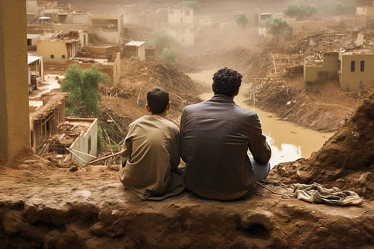A father and son sit outside a destroyed house. The concept is natural disaster, military action