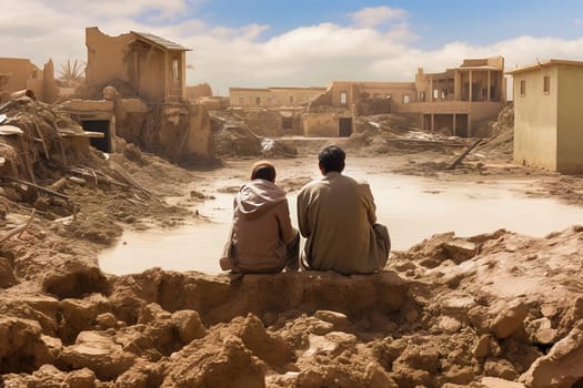 A father and son sit outside a destroyed house. The concept is natural disaster, military action