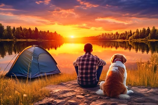 A man and a dog sit on the shore of a lake during sunset. High quality photo