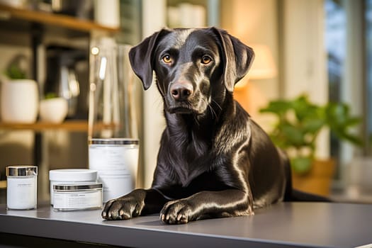 Black dog on the table with jars of shampoo and conditioner for animals. High quality photo
