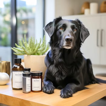 Black dog on the table with jars of vitamin complex for animals. High quality photo
