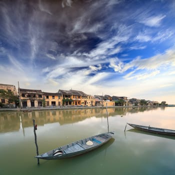 View on the old town of Hoi An from the river. Boats in the foreground. Vietnam