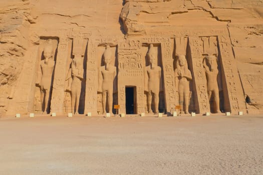 Temple of Hathor, dedicated to the wife of Ramses II, wife Nefertari. Built in 1274-1244 BC. . The temples were moved in 1964-1968 to the present site to prevent them being innundated by Lake Nasser