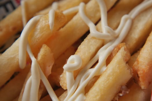 Crispy fries served with a generous drizzle of creamy sauce elevate flavors.