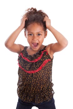 Little African Asian girl holding her head,  over white background