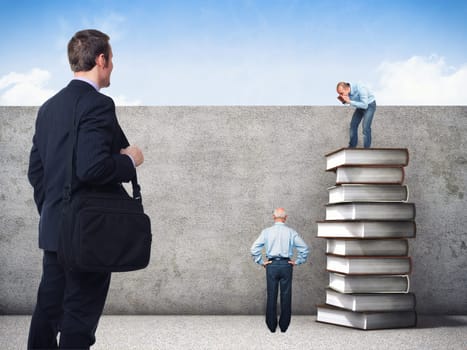 people and 3d image of book pile and grunge wall
