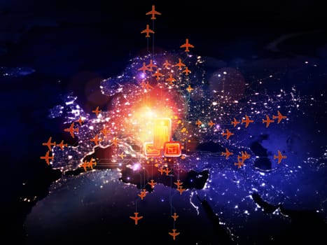 Rendering of city light map (courtesy of NASA), abstract lights and symbols on the subject of global transportation, travel, mail and shipping