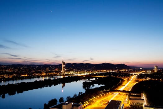Vienna on the Danube,evening shot,with Kahlenberg and Leopoldsberg