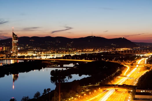 Vienna on the Danube,evening shot,with Kahlenberg and Leopoldsberg