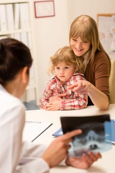 Young woman with little daughter having consultation at pediatrician office