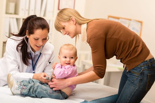 Cute baby being examine by pediatrician with stethoscope mother assistance