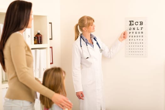 Female pediatrician pointing at eye chart mother and child visit