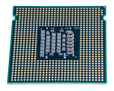 Inside of computer CPU chip isolated against white