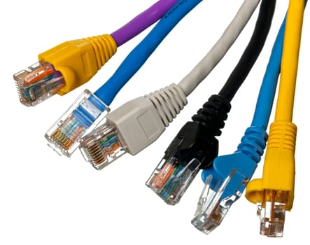 Macro shot of plugs on cat5e cables of many colors isolated against white background