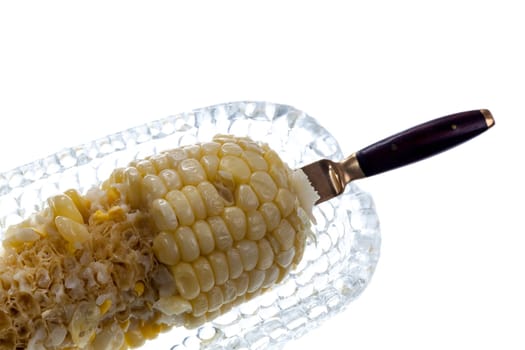 Half eaten cooked sweetcorn husk in glass dish isolated against white