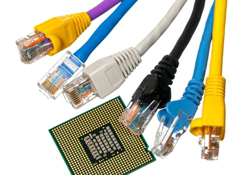 Macro shot of plugs on cat5e cables of many colors isolated against white background on top of exposed CPU chip
