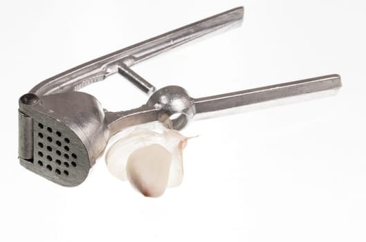 Garlic press and garlic isolated against white in macro shot
