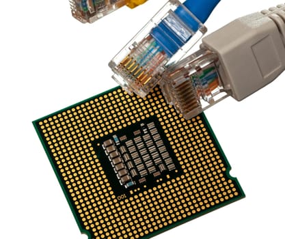 Macro shot of plugs on cat5e cables of many colors isolated against white background on top of exposed CPU chip