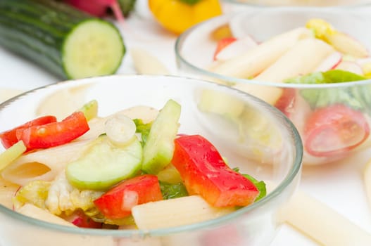 Fresh Pasta Salad With Tomatoes, Pepper, Cucumber, Radish and Lettuce