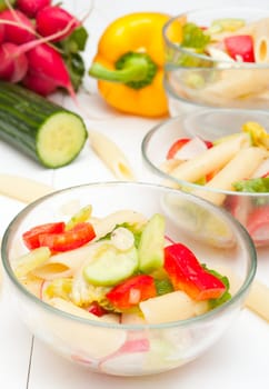Fresh Pasta Salad With Tomatoes, Pepper, Cucumber, Radish and Lettuce