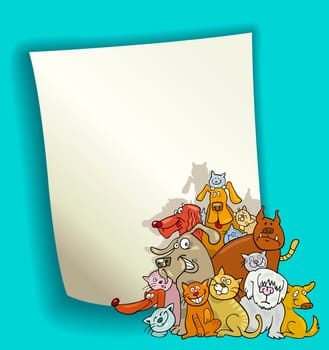 cartoon design illustration with blank page and group of cats and dogs