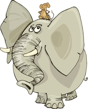 cartoon illustration of funny elephant with mouse on his head