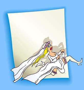 cartoon design illustration with blank page and running bride
