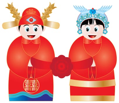 Chinese Wedding Couple in Traditional Royal Costumes with Double Happiness Text Illustration