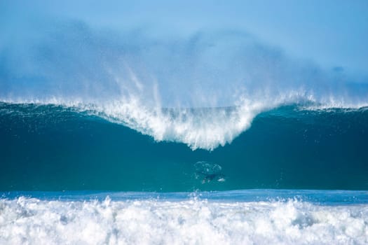 person swims under a huge waves  at bondi beach