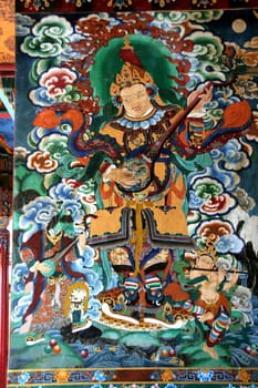 Fresco on wall of Rumtek Monastery in Gangtok, Sikkim, India, Asia