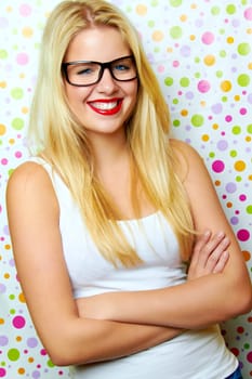 Funny woman with glasses laughing