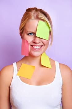 Portrait of a pretty young woman with notes