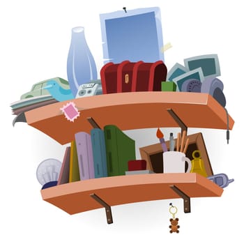 Illustration of crowded messy wooden shelf with books etc