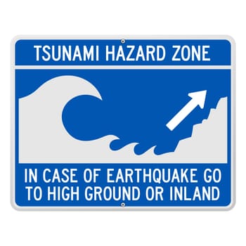 Danger Sign in blue with Tsunami Wave and Evacuation info