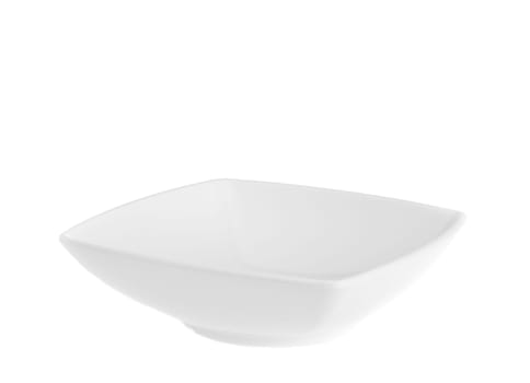 Stack of plain white dinner plates isolated on white background