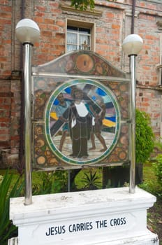 stained glass with religious text in Naga City, Philippines