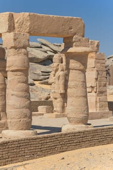View of columns and statues near the Kalabsha temple (Aswan, Egypt)