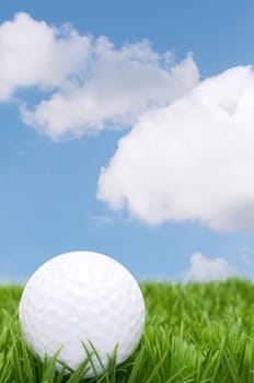 Golf Ball in Grass and Blue Sky