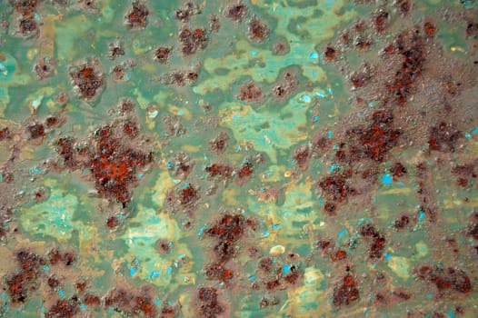 Chipped green paint rusty metal surface. Abstract industrial iron texture.