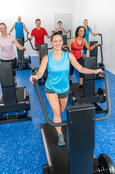 Group gym class walk treadmill running belt at fitness club