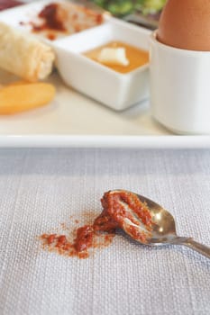 foods spilled over the breakfast table