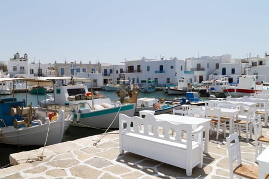 View of the port of Naoussa on the island of Paros, Greece