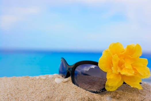 Sunglasses and yellow tropical flower on  the beach