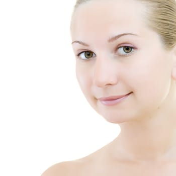 Close-up of beautiful woman face. Isolated on white background