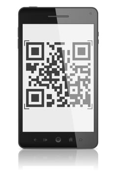 smartphone showing QR code scanner on the screen. Include clipping path for phone and screen.