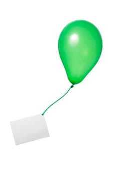 Green balloon with a greeting card on a ribbon