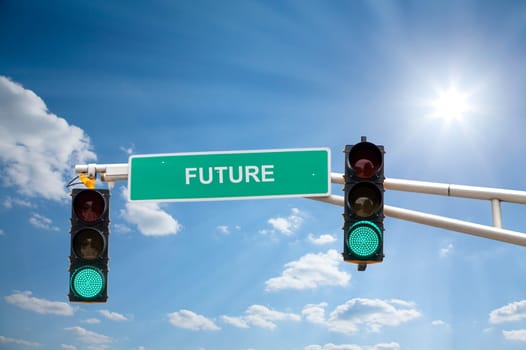 Image of a street sign and traffic lights with blue sunny skies in the background