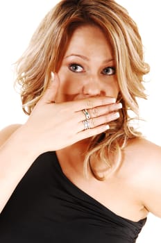 A closeup shoot of a very surprised blond woman, holding her hand for her mouth, looking upset, for white background.